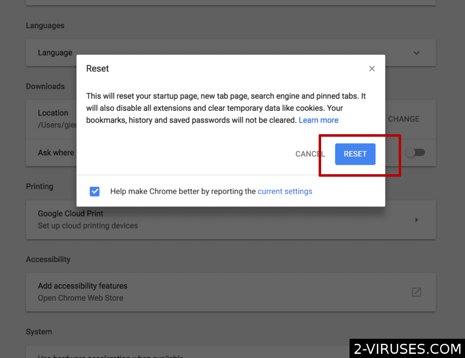 Reset settings approve